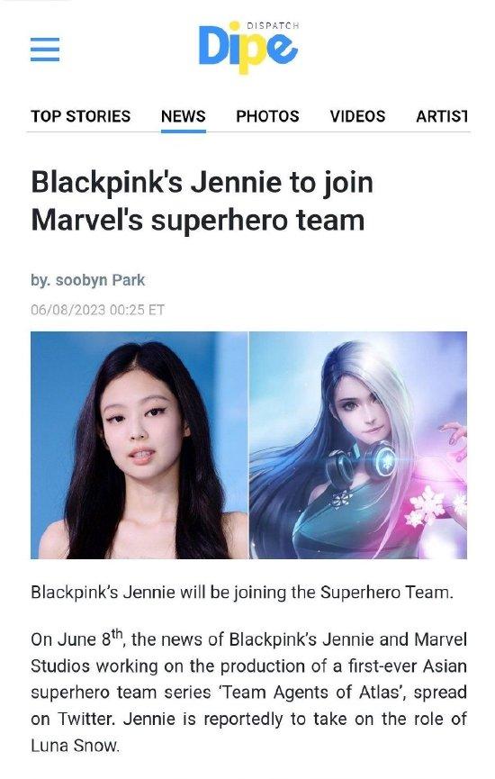 外媒曝JENNIE将加入漫威 或出演亚洲超级英雄电影