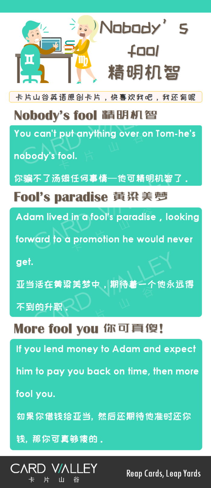 Fool是傻瓜，但“Nobody’s fool”可别理解成“没人是傻瓜”哦